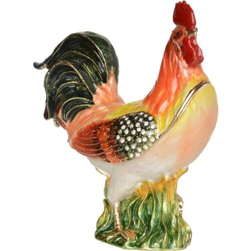 Crystal Enameled Rooster Trinket Box Jewelry Organizer Metal Tabletop Decoration