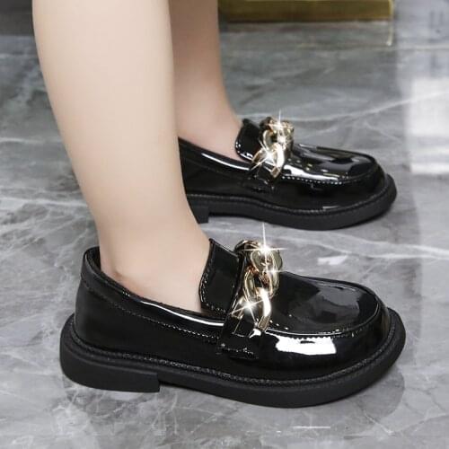 Girls Leather Shoes Classic Metal Chains Black Beige for School Kindergarten Children Party Wedding Shoes Oxfords Slip-on Loafer