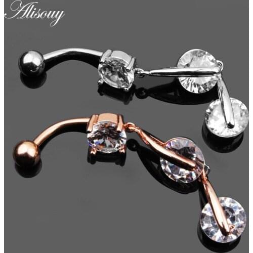 Alisouy 1pc Rhonestone Navel Piercing Pendant Belly Ring Steel Rose Gold Stainless Steel Dangle Belly Button Rings Body Jewelry