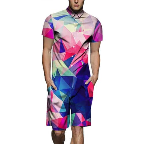 Summer Men Fashion Design Romper Color Plaid Stripe Print Playsuit Male Short Sleeve Beach Sets Casual Jumpsuit Overalls US Size