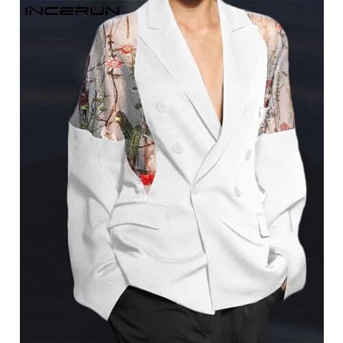 Fashion Men Blazer Mesh Patchwork Embroidery Long Sleeve Double Breasted Casual Suits Men Streetwear Party Jackets 2021 INCERUN
