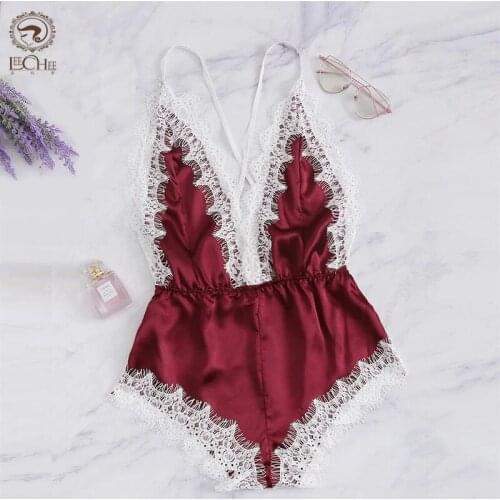 Leechee New Pajamas For Women Backless Onesie Pajamas Sleeveless Bodycon Jumpsuits Sleepwear Lace Romper Deep V Satin Nightwear