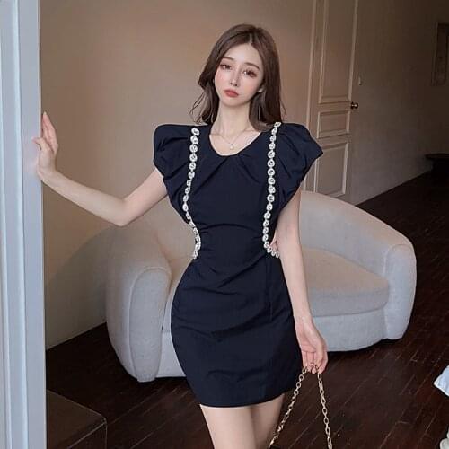 French Fashion Retro O Neck Black Dress Puff Sleeve Slim High Waist Mini Diamond Summer Sweet Girl Hollow Out Party Dresses