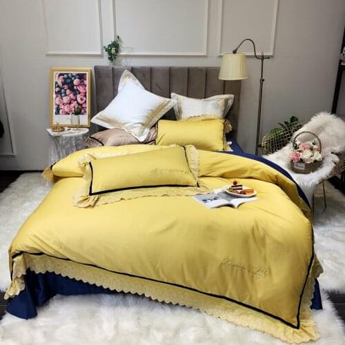 Luxurious European style pure yellow blue embroidery Egyptian long-staple cotton bedding feather quilt cover pillow cover 4 sets