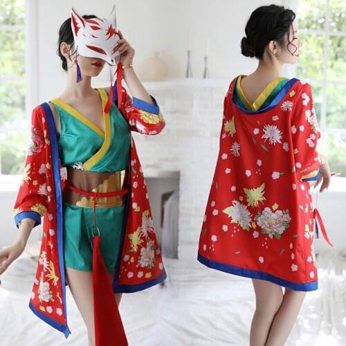 Sexy Japanese Womens Cardigan Floral Kimono Yukata Dress Roleplay Nightclub Clothes Pajamas Set Sleepwear Party Night Robe Gown
