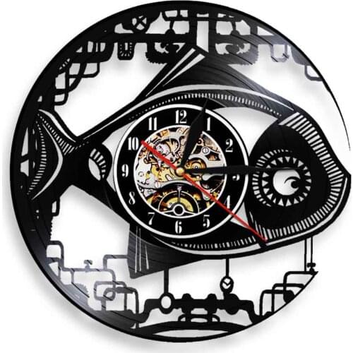 Vintage Steampunk Robot Fish Modern Design Vinyl Record Wall Clock Mechanical Fish Non-Ticking Wall Art Watch Gear Fish Clock