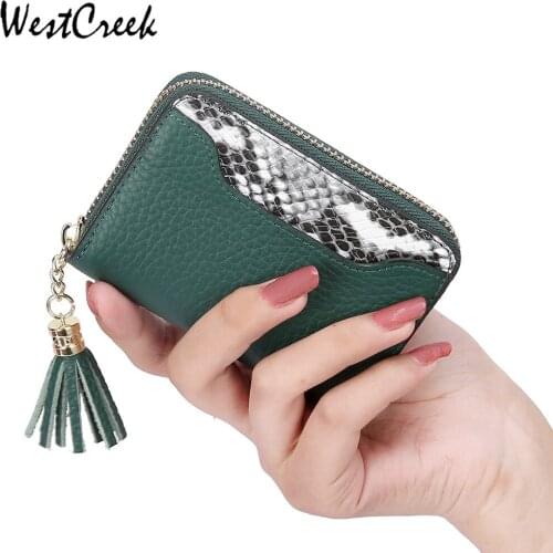 WESTCREEK Brand Genuine Leather Women Fashion Tassel Organizer Zipper Credit Card Holder Snake Pattern Small Coin Purse