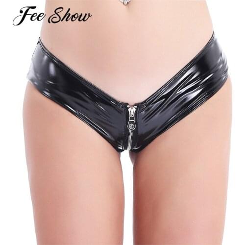 Women Latex Panties Underwear Sexy Lingerie Zippered Open Crotch Panties High Cut Bikini Wet Look Patent Leather Briefs Shorts