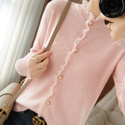 2021 New Spring And Autumn Cashmere Sweater Round Neck Lace Edge Knit Cardigan Women Fashion Jacket 100% Wool Coat All-match Top