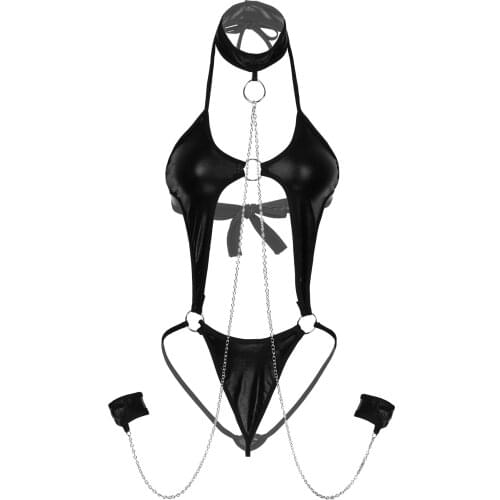 Womens Lingerie Patent Leather Bodysuit with Metal Chain Cuffs O Ring Cutout Halter Lace-up Sexy Nightwear Erotic Lingerie Set