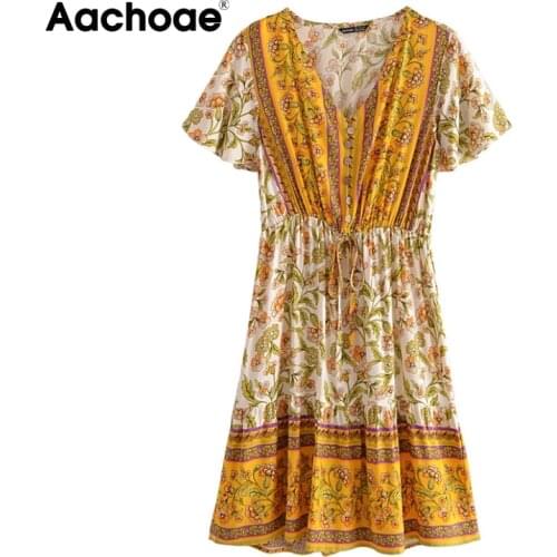 Aachoae Summer Boho Style Floral Print Mini Dress Sexy V Neck Butterfly Short Sleeve Sundress Ladies Casual A Line Beach Dress