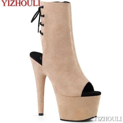 15cm booties suede bag for banquet stage with 6 "transparent stiletto heels, night club pole dancing booties