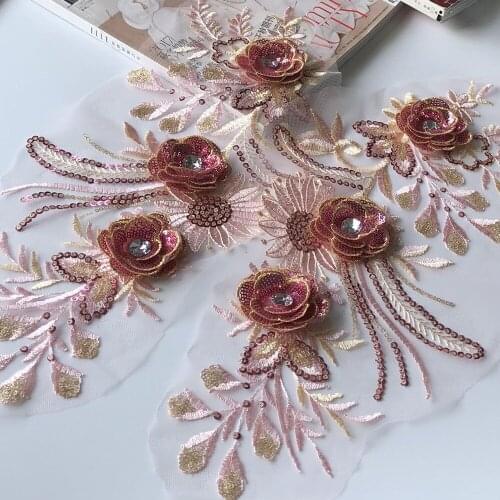 Pink 3D Flowers Sequins Appliques Beads Rhinestones Embroidery Sewing Patch For Wedding Bridal Dress DIY Mirror Pair