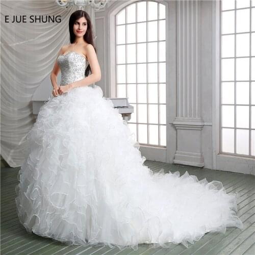 E JUE SHUNG White Organza Beaded Embroidery Ball Gown Wedding Dresses Sweetheart Tiered Bridal Dresses Wedding Gowns