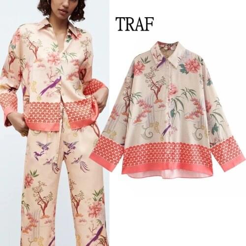 TRAF Za Top Women Blouses Summer Print Loose Shirt Women Long Sleeve Women Tops And Bloues Chic Buttons Casual Female Blouses