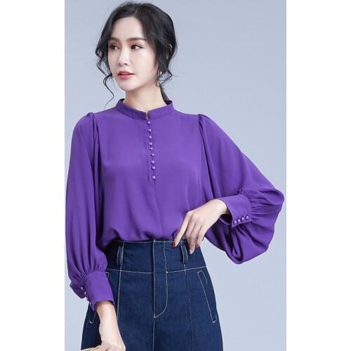 Spring Lantern Sleeve Stand Collar Ladies Purple Shirt Loose Multicolor Women Cute Chiffon Office Blouse for Girls Plus Size 2xl