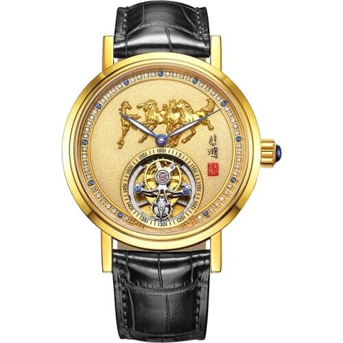 Tourbillon Watch Gold Plated 18K Aviation Pilot Automatic Mechanical Men Watch Embossed Dragon Luxury Business Gift Male Watches