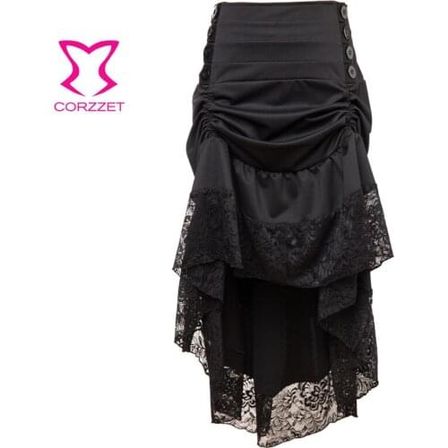 Black High-low Asymmetrical Hemline Steampunk Vintage Button courtney act Long Skirt and Top Side Zipper Closure Outfits Womens