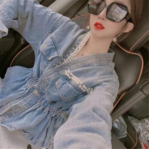 Jean Jacket Women 2021 Spring Autumn New Jackets V-Neck Heavy Industry Irregular Beaded Waist Denim Jacket Female Trend Girl 115