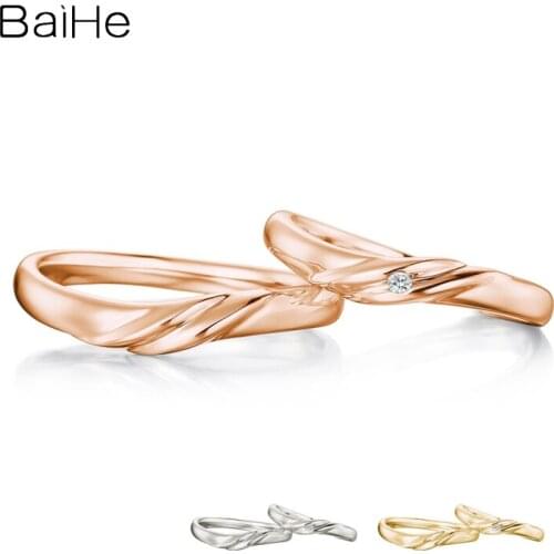 BAIHE Solid 18K White Gold 0.02ct Certified H/SI Round 100% Genuine Natural Diamonds Wedding Women Jewelry Classic Couple Ring