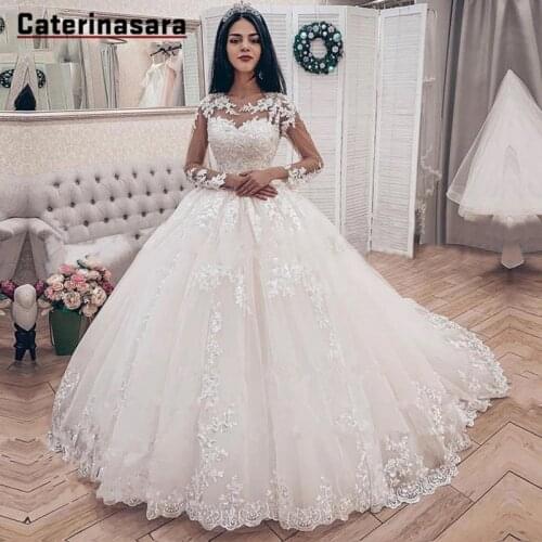 Lace Scoop Neck Long Sleeves Lace-up Wedding Dress Bride Ball Gown with Applique beads