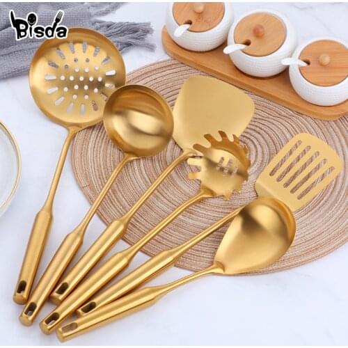 1pc Gold Kitchenware Set Long Handle Cooking Tools Metal Polish Slotted Turner Stainless Steel Kitchen Accessories Utensil