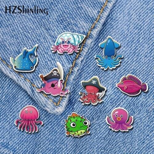 2019 New Marine Life Acrylic Lapel Pin Jellyfish Crab Octopus Butterfly Brooch Art Epoxy Pin Gifts Boy