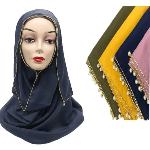 New Arrival Cotton Pearl Hijab Scarf Plain Viscose Chain Beads Solid Color Head Wraps Fashion Muslim Shawls Pashmina 1PC Retail