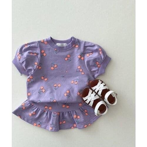 New Summer Children Clothes Set Toddler Girls Cheery Printing Suits Cotton Short Sleeve Tee and Skirts Baby Girl Outfit