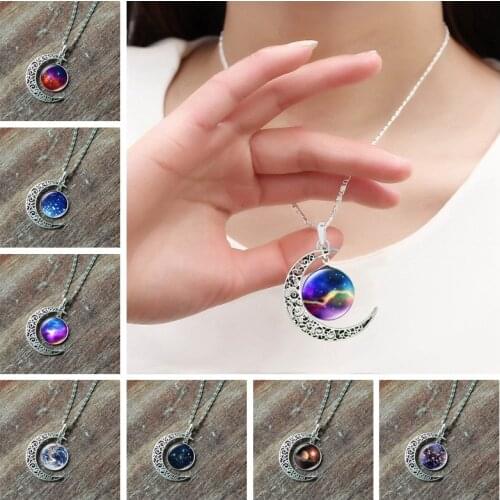Starry Night Galaxy Planet Pendant Necklace Statement Alloy Crescent Moon Jewelry Accessories Chain Necklace for Women