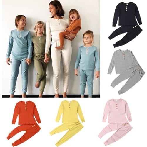 Kids Boys Girl Solid Sleepwear Sets Long Sleeve Pullover Tops Buttons Long Pants 2Pcs Outfits Cotton Casual Pajama Sets 0-6Y