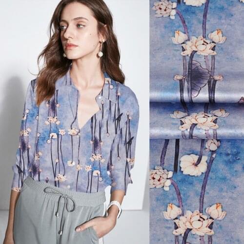 116CM Wide 19MM Purple Lotus Print Stretch Silk Satin Fabric Good for Summer Dress Skirt Shirt Pants JH207