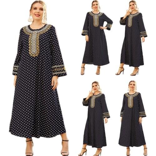Dubai Kaftan Muslim Women Long Dress Polka Dot Embroidery Arab Maxi Robe Gown Abaya Islamic Clothing Ramadan Caftan Malay Turkey