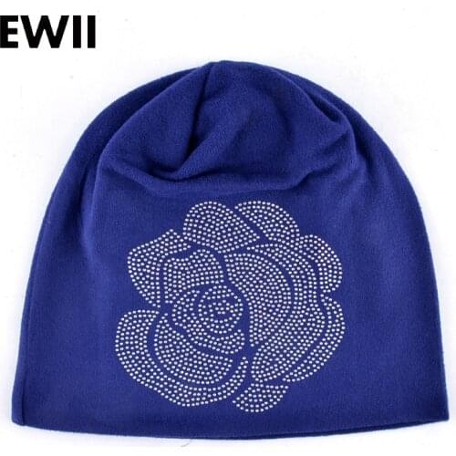 Spring and Autumn ladies beanie knitted hat women flower rhinestones hats for womens skullies caps girl cap gorros balaclava