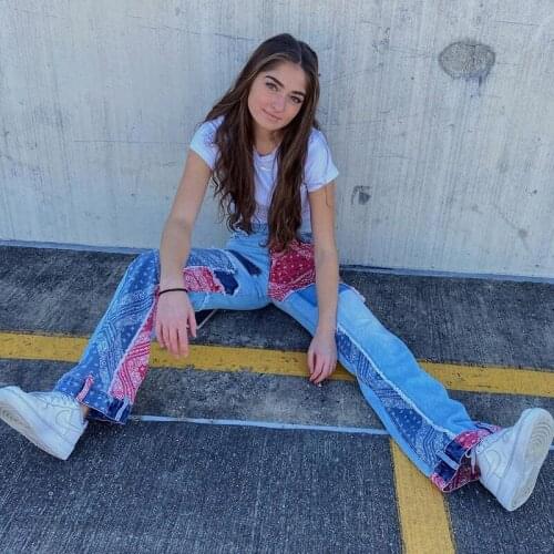 Y2K Indie Aesthetic Low Rise Jeans Women Vintage Print Patchwork Grunge Streetwear Denim Pants Preppy Style E Girl Trousers