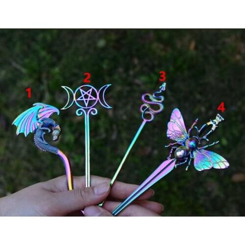 Pagan Psychedelic Witch Hair Sticks Dragon Pentagram Snkae Butterfly Bee Hairpin Gothic Magic Wiccan Jewelry For Women Gift