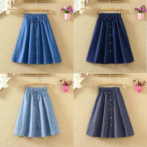 Women A-Line Denim Skirt High Waist Button Front Drawstring Pleated Elastic Waist Skirt