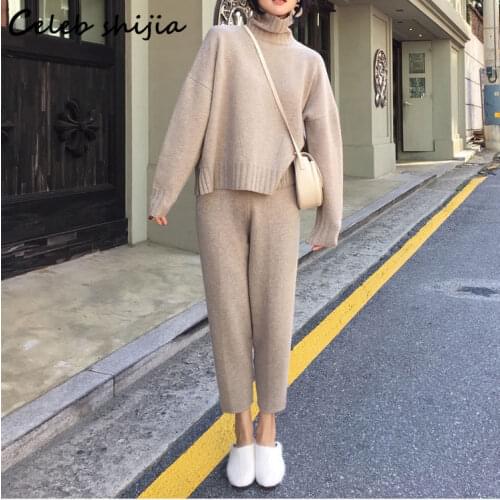 New Autumn Turtleneck Sweater + Harem Pants Woman 2 Piece Sets Female Korean Style Business Streetwear Knitted Pant Sets Winter