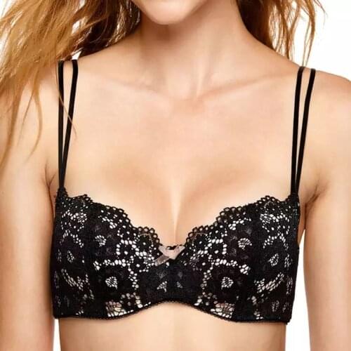 Women Balconette Lace Bra Lightly Cup Padded Underwired Push Up Black Bralette Female Lingerie 34/75 36/80 38/85 40/90 B C D E