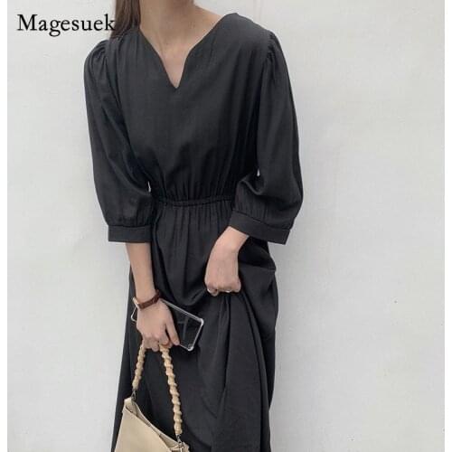 Solid Temperament Women Summer Spring Dress Cotton V-Neck High Waist Lantern Sleeve Dress Casual Simple Long Dress Vestido 14022