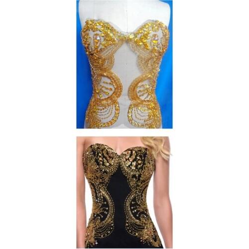 A162 hand made crystals trim patches golden sew on Rhinestones applique on mesh 37*36cm for top dress skirt belt accessory