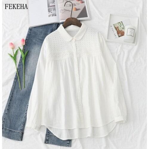 Patchwork White Shirts Women Hollow Out Blouses Long Sleeve Loose Lady Tops Cotton Yarn Female Clothes Autumn New Arrivals