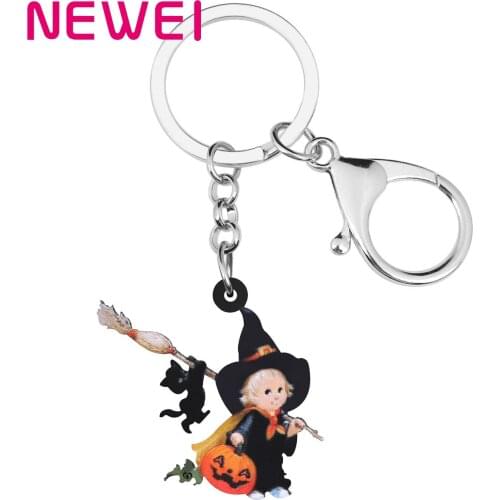 Newei Acrylic Halloween Pumpkin Head Magic Witch Keychains Big Print Long Broom Keyring Jewelry For Women Men Girls Classic Gift