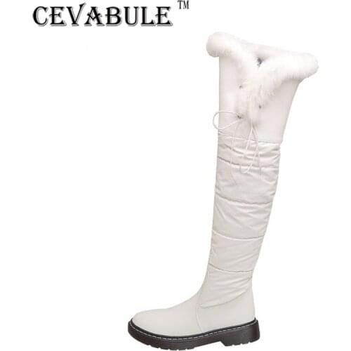 CAVABULE 2021 Thick Fur Down Snow Boots Fur Collar Over The Knee Boots Low Heel Motorcycle Boots Warm women boots 2020 TYX