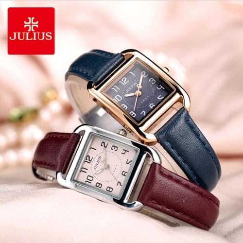 Julius Retro Rectangle Leather Watch Woman Luminous Pointer Small Dial Quartz Dress Wristwatches Female Love Gifts Reloj Mujer