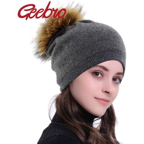 Geebro Double-Deck Womens Cashmere Elastic Knit Hat Female Winter Warm Wool Slouchy Skullies Beanie with 15 cm Real Fur Pompom