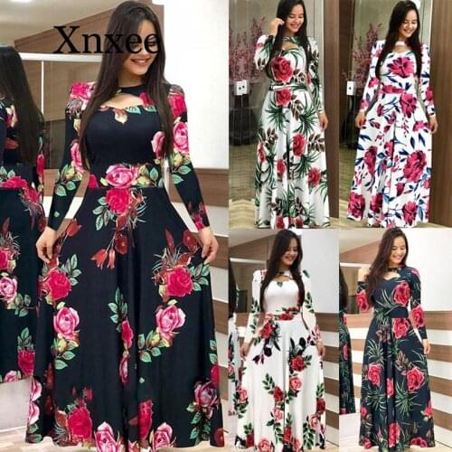 Elegant Spring Autumn Women Dress Casual Bohmia Flower Print Maxi Dresses Fashion Hollow Out Tunic Vestidos Dress Plus Size