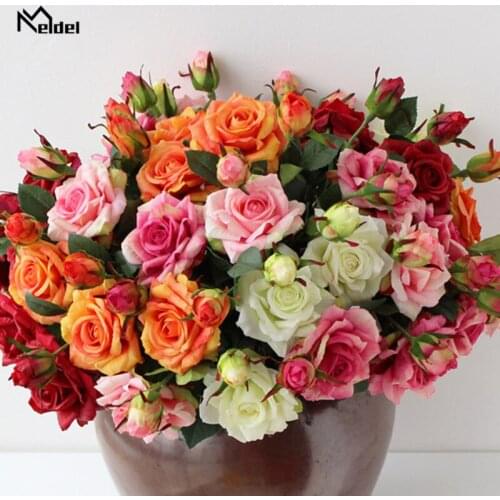 Meldel Artificial Flowers 1 Branch Rose Real Touch Silk Peonies Red Pink Roses Fake Flowers Wedding Home Decoration Rose Flowers