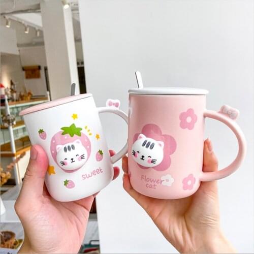 Cute Cat Ceramic Mugs With Lid Korean Style 400mL Lovely Breakfast Milk Tea Coffee Drinking Water Cup