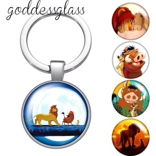 Disney The Lion King Cute Simba Timon Pumbaa glass cabochon keychain Bag Car key chain Ring Holder Charms keychains gift